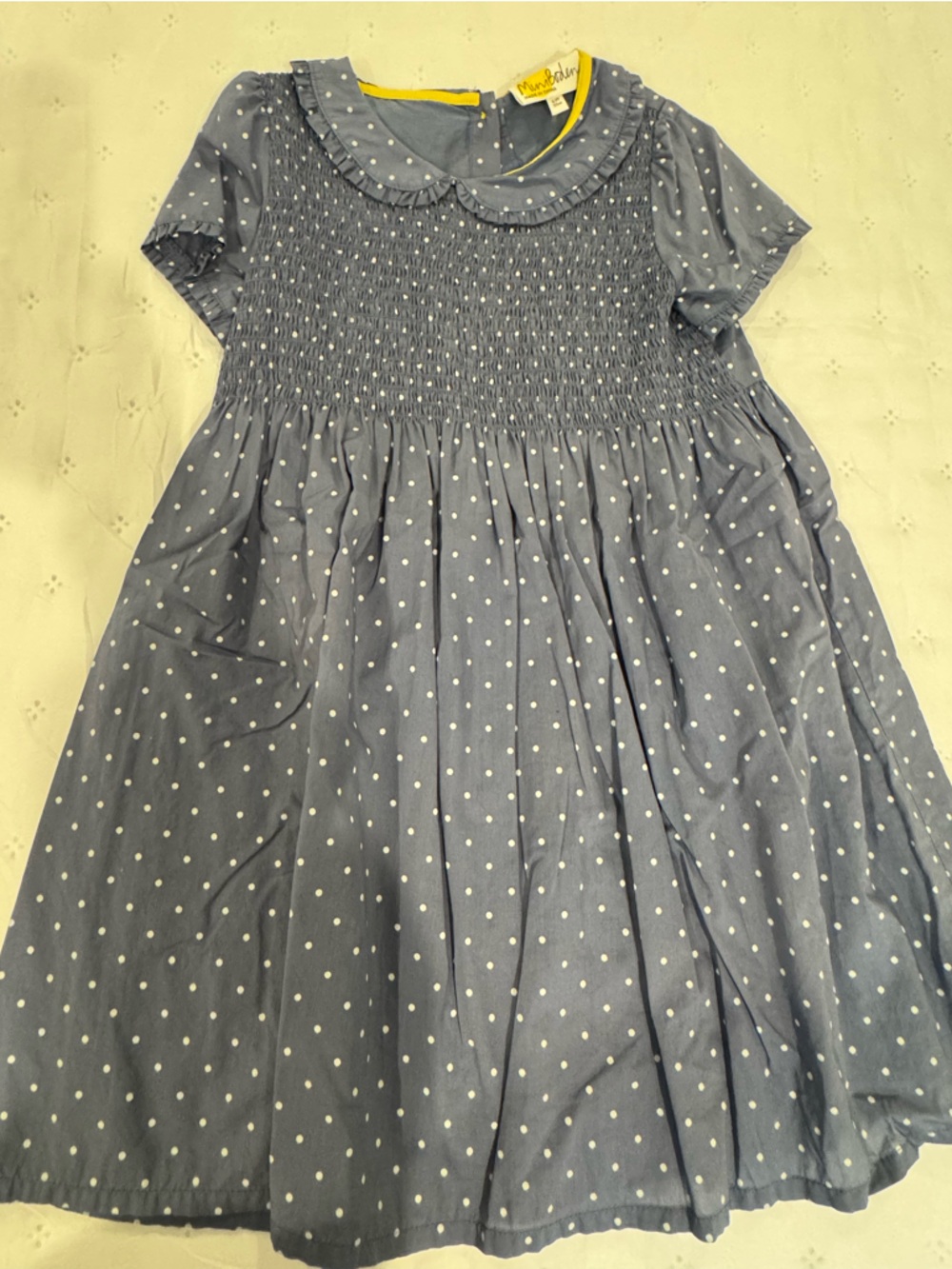 Mini Boden French Blue Polka Dot Smocked Dress -Size 6/7
